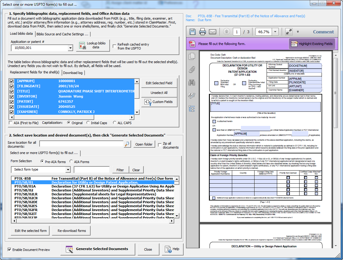 Filling out USPTO Forms